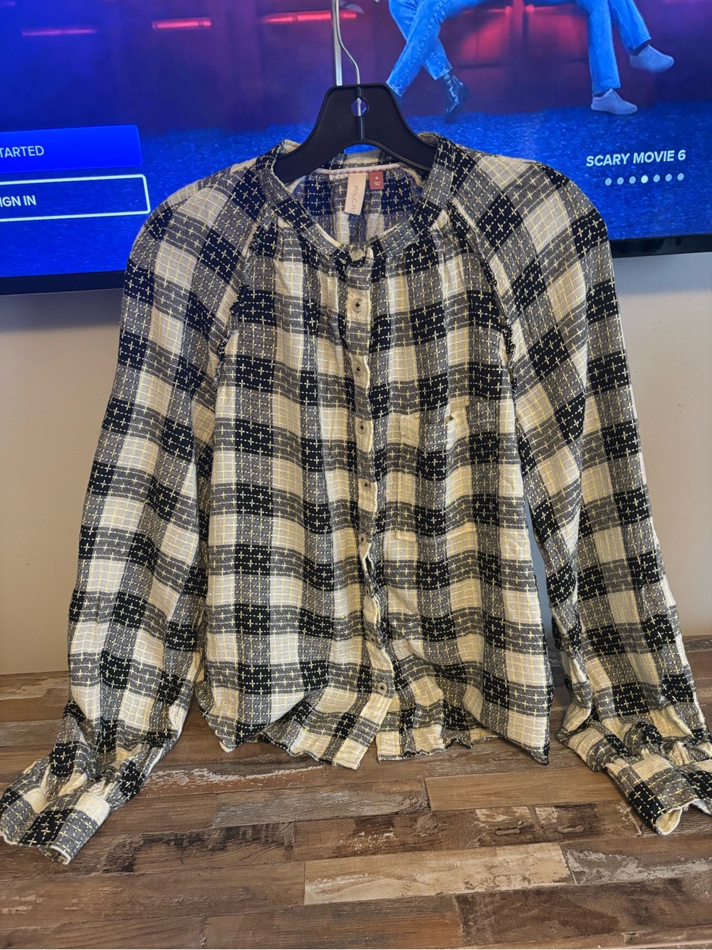 Pilcro Black and Cream Plaid Button-Front Top